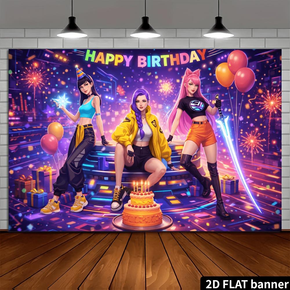 A 2D planar network stage-style birthday party backdrop, featuring fashionable characters and a highly technological stage