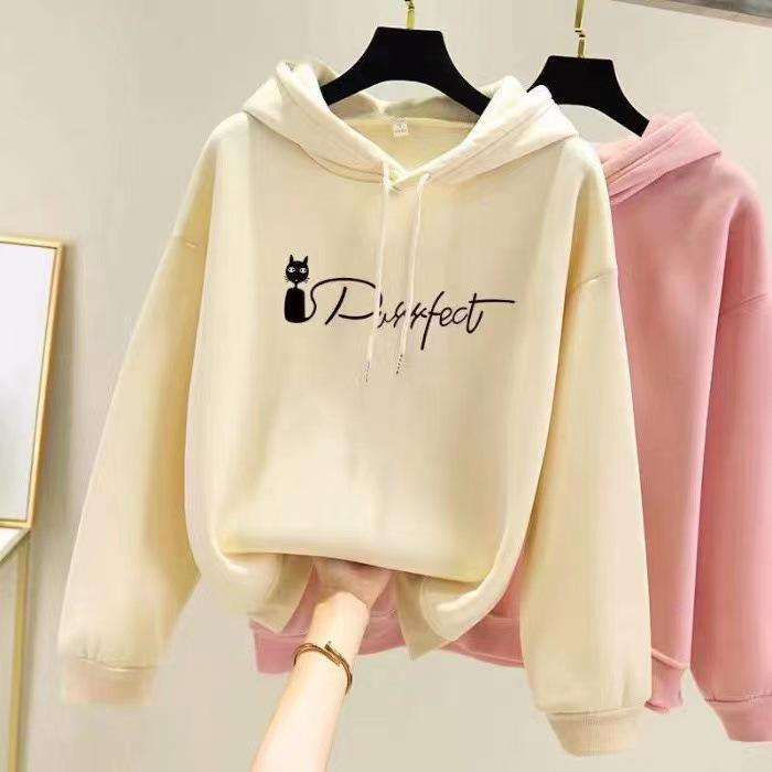 Korean Style Women's Fleece-Lined Hooded Sweatshirt, Plus Size, Loose Fit, Long-Sleeved, for Autumn and Winter.
