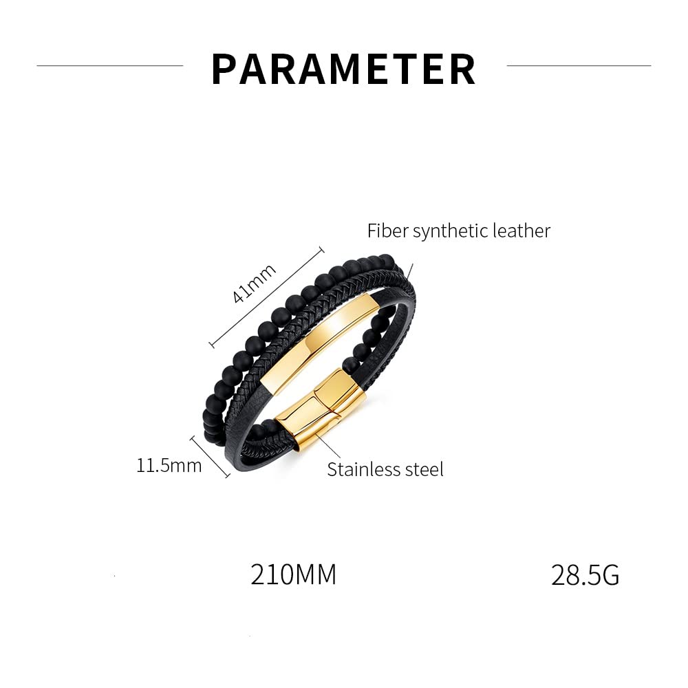 Pulseira Masculina de Couro Preto Rockyu com Contas de Oração, Pulseira Multi-Voltas, Perfeita para Presentes de Aniversário