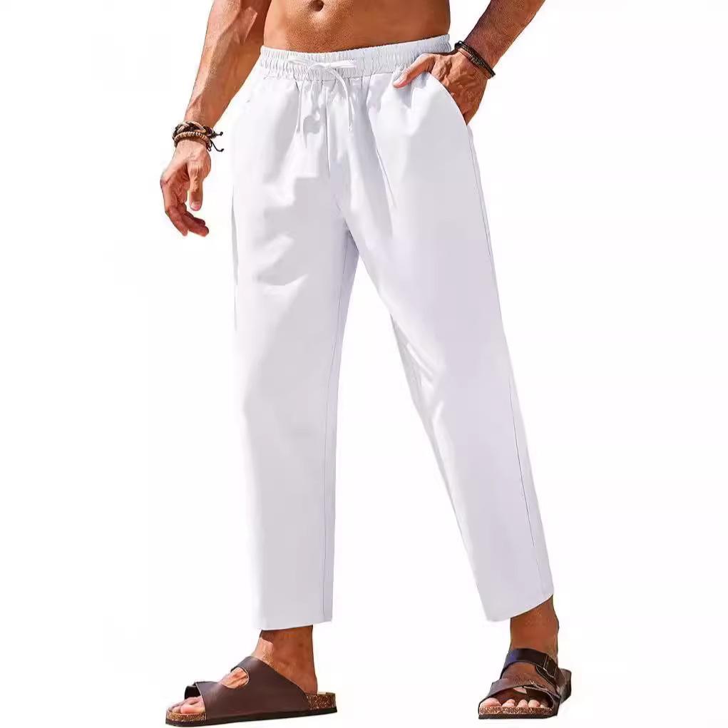 New Men's Linen Casual Pants Elastic Waist Drawstring Pants Yoga Beach Summer Trousers