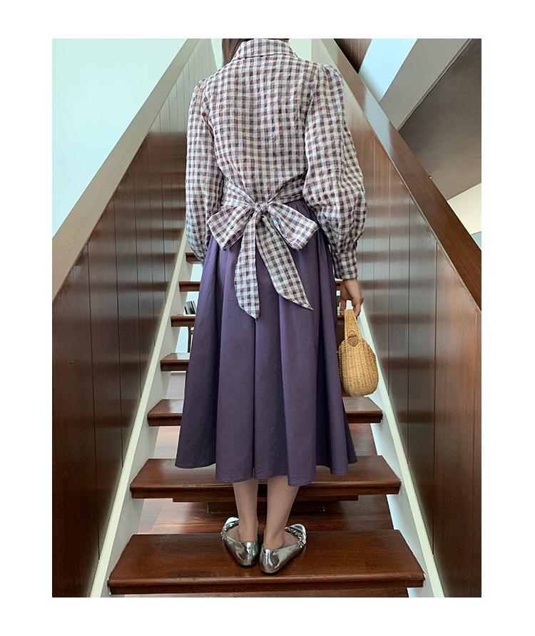 Interpret Beauty 2025 Early Spring French Retro Gingham Puff Sleeve Tie-Waist Women's Shirt