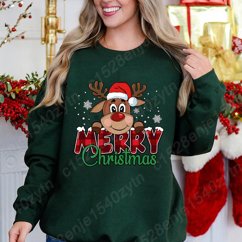 Women's Festive Christmas Reindeer & Plaid Graphic Sweatshirt, Casual Loose Fit, Long Sleeve, Crew Neck Sweatshirts for Winter