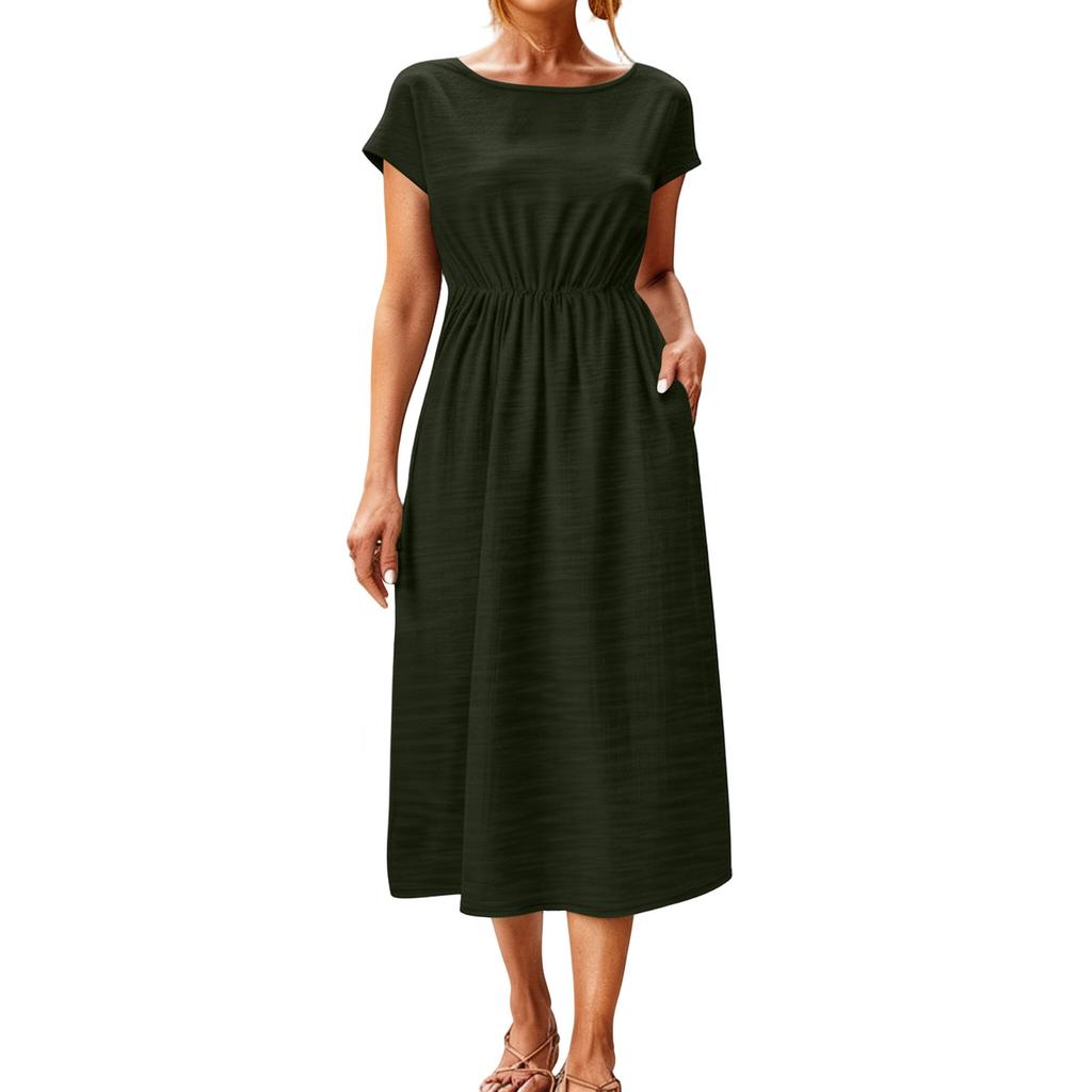 Women Short Sleeve Crew Neck Pocket Waist Cinched Loose Fit Casual Midi Dress for Everyday Wear Work Vacation