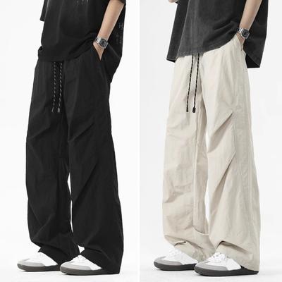 Men's Baggy Trousers Spring Summer Drawstring Waist Cargo Pants Solid Color Wide Leg Trousers for Street Travel Office