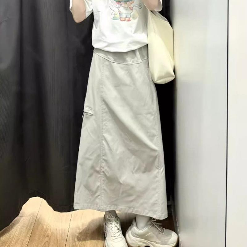 Women's Autumn Grayish-White Utility High-Waist A-Line Maxi Skirt - Vintage American Style Slim-Fit Half Skirt