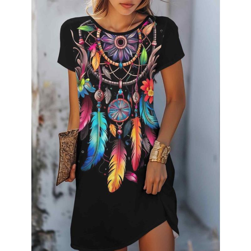 Summer Short Sleeved Dress Loose Casual Plus Size Dress Flower Print Dress Mini Skirt