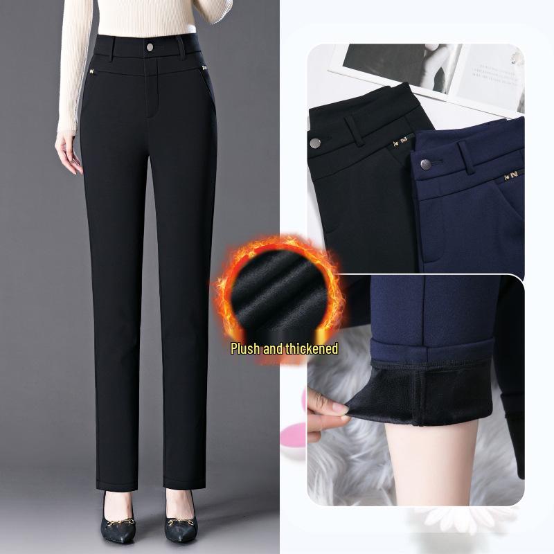 2023 Winter Women's High-Waist Fleece-Lined Straight-Leg Pants - Warm, Elastic, Casual Wear for Moms.