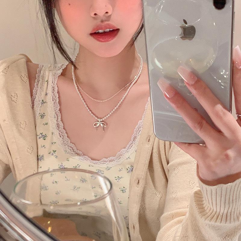 Millet Bead Double Pearl Necklace Women's Bow Neck Chain Accessories Clavicle Chain Premium Light Luxury