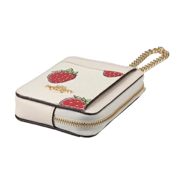 Coach Card Case Zip 11 Strawberry Print Logo Coated Canvas Women Card Case Gold Pink Multicolor CAR32-IMCAH