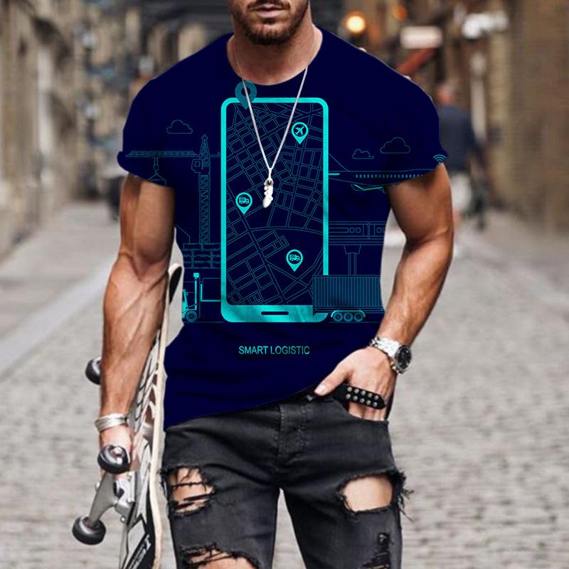 Modna Męska Koszulka Casual z Okrągłym Dekoltem, Krótkim Rękawem i Kolorowym Nadrukiem 3D