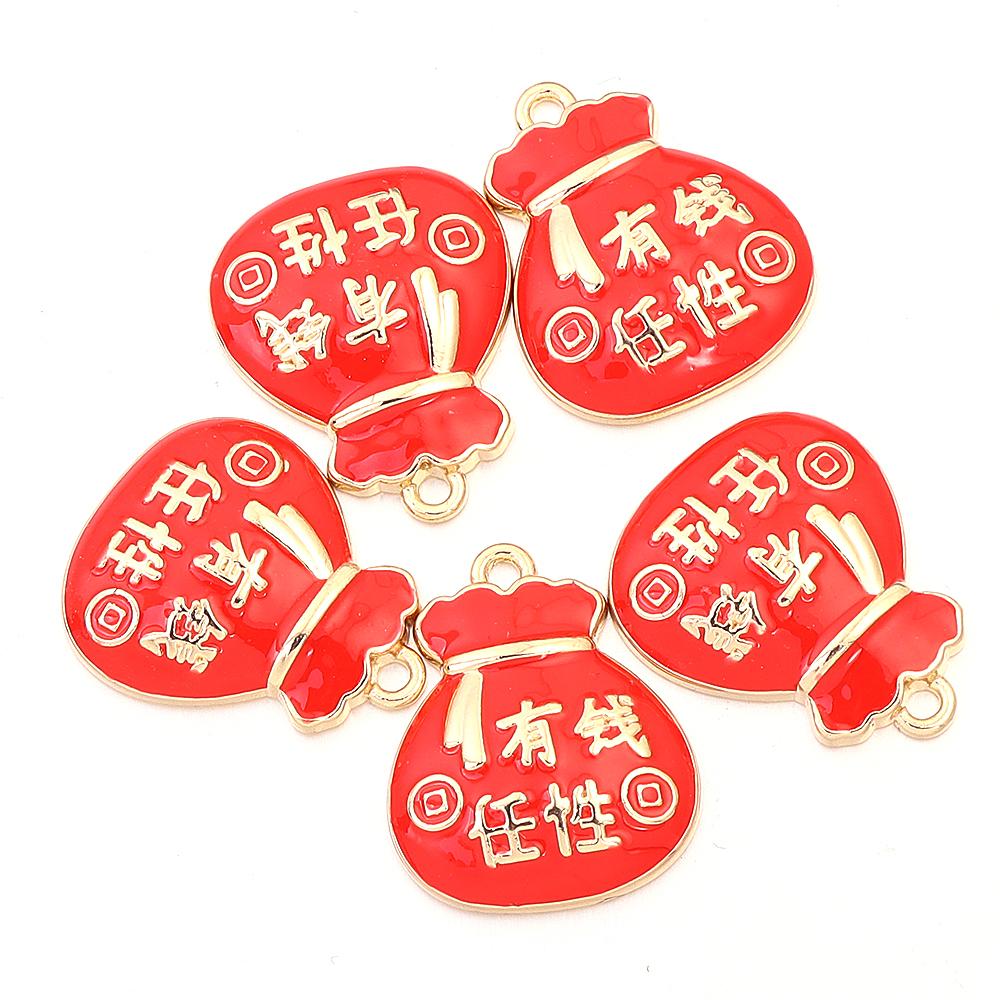 5pcs Alloy Enamel New Year Charms Red Chinese Style New Year Wishing Words Pendants For Jewelry Making DIY Spring Festival Gift