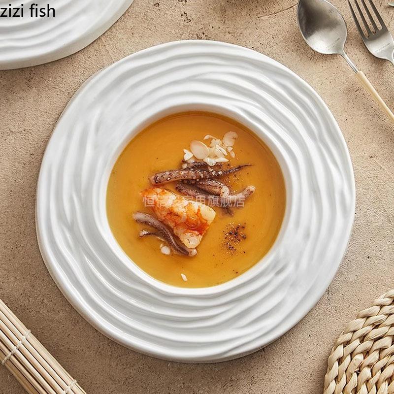 Pure White Ceramic Water Wave Pattern Thick Soup Plate Dessert Plate Sushi Dish Restaurant Molecular Cuisine Specialty Tableware