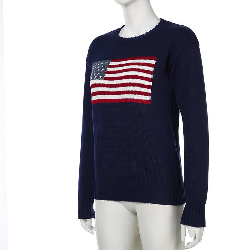 Women's Long Sleeve Retro Flag Knit Sweater - European & American Style