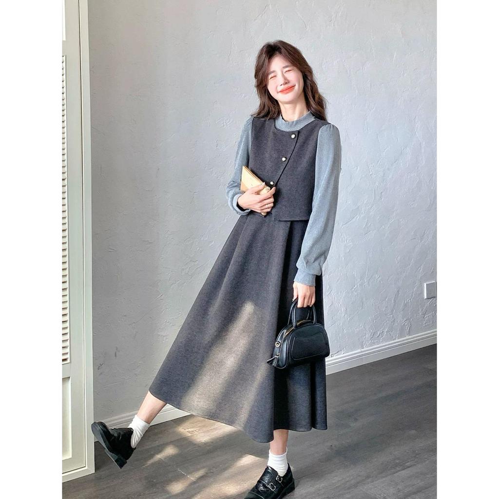 French Chic Faux Two-Piece Dress – Women's Spring 2026 Elegant Slimming Long Skirt