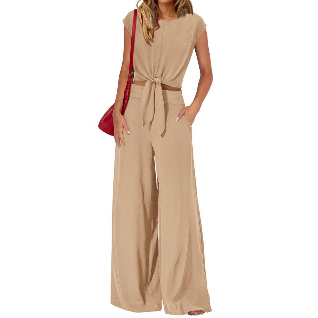 2026 Sleeveless V-neck Lace-up Women's Set: Cropped Wide-leg Pants for Spring/Summer Casual Fashion