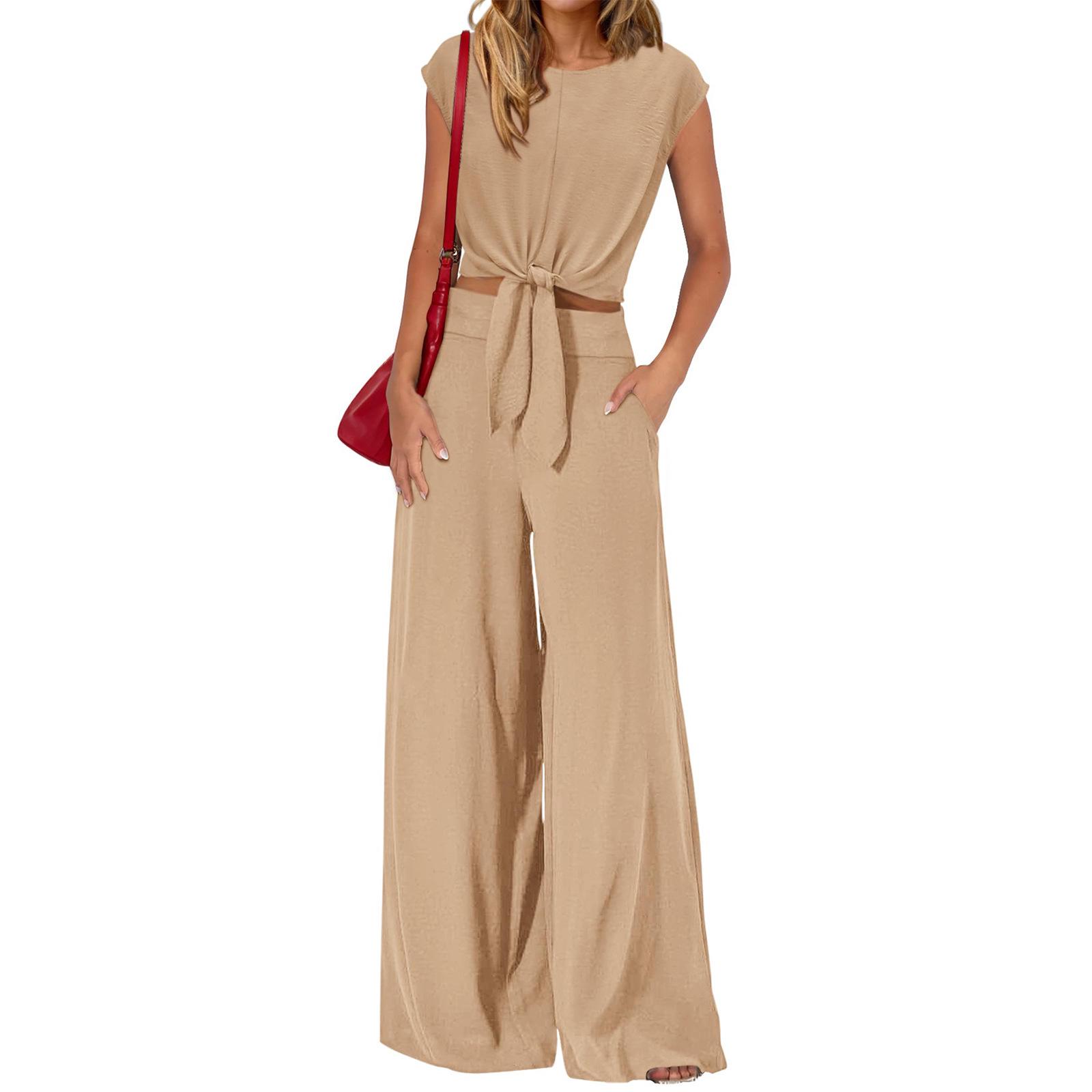 

2026 Spring/Summer Sleeveless Women s V-Neck Lace-Up Cropped Wide-Leg Pants Casual Set Small