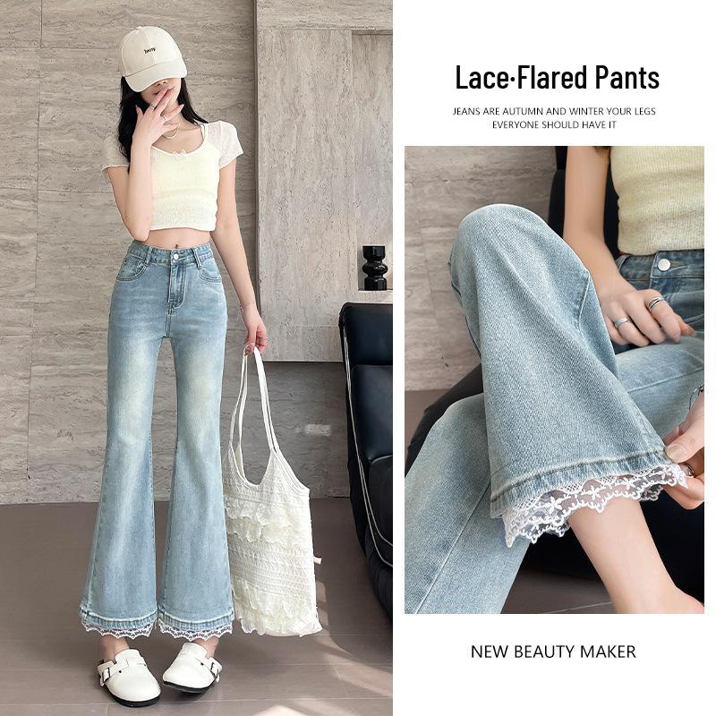 Dames Kant Patchwork Flare Jeans, Slim Fit Elastische Cropped Broek voor Lente/Herfst - Acht-Punten Show Dun Model voor Kleinere Figuren.