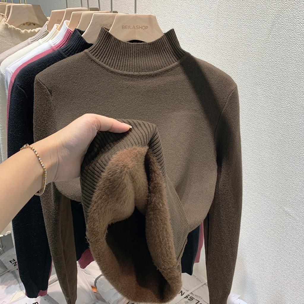 One Piece Velvet High Neck Sweater with Thickened Velvet for Women, Autumn and Winter New Warm Long Sleeved Base Sweater