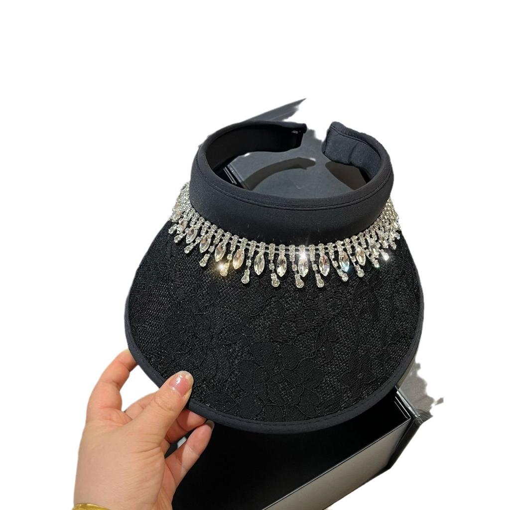 Lace Jacquard Empty Top Hat Summer Heavy Industry Light Luxury Rhinestone Big Brim Vinyl Sun Protection Hat Outdoor Sun Hat Women