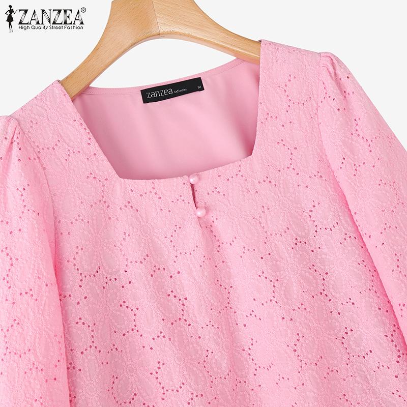 ZANZEA Bluză Casual cu Guler Pătrat pentru Femei, Mâneci 3/4, Largă, Patchwork Dantelă