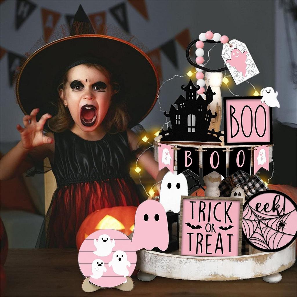 Halloween Tiered Tray Decor Set Cute Tray Decorations Halloween Wooden Signs Rustic Decoration For Home Table Party Supplies