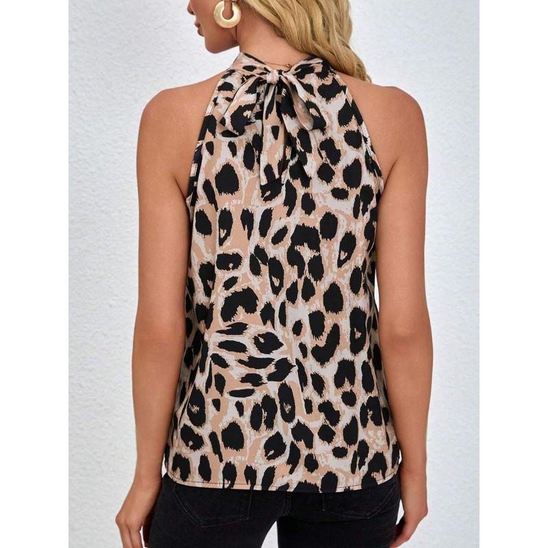 Dámská halenka s leopardím potiskem, na zavazování za krk, bez rukávů, řasená