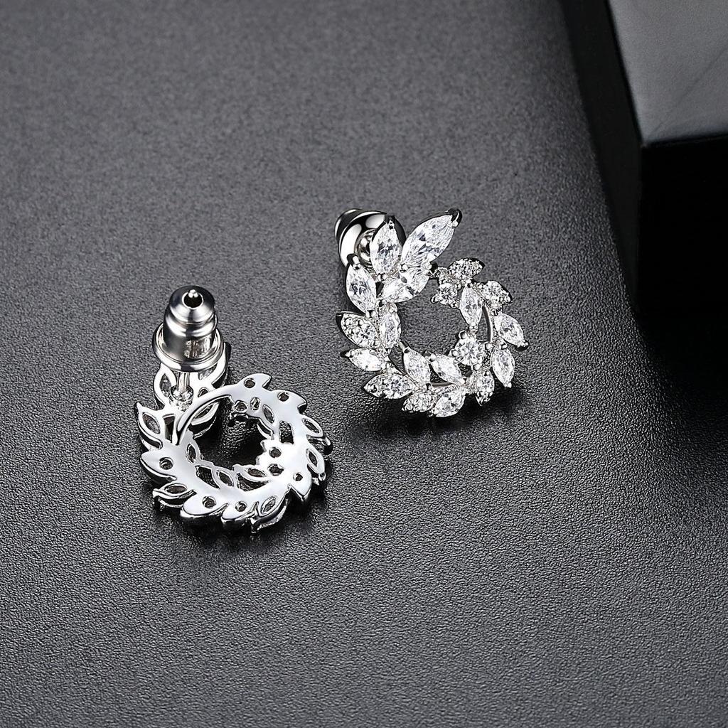 Jinse Elegant Leaf Zircon Earrings - Women's Korean Fashion Studs
