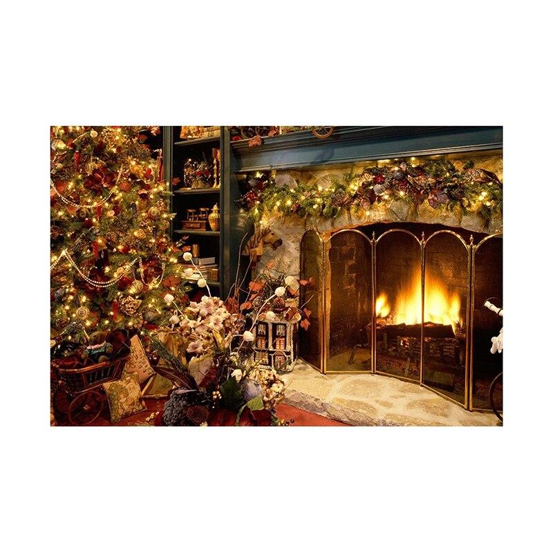 Christmas Fireplace Photography Backdrop Xmas Tree Stocking Photo Background Props for Holiday Family Portrait Studio Shoot Video Party Decor