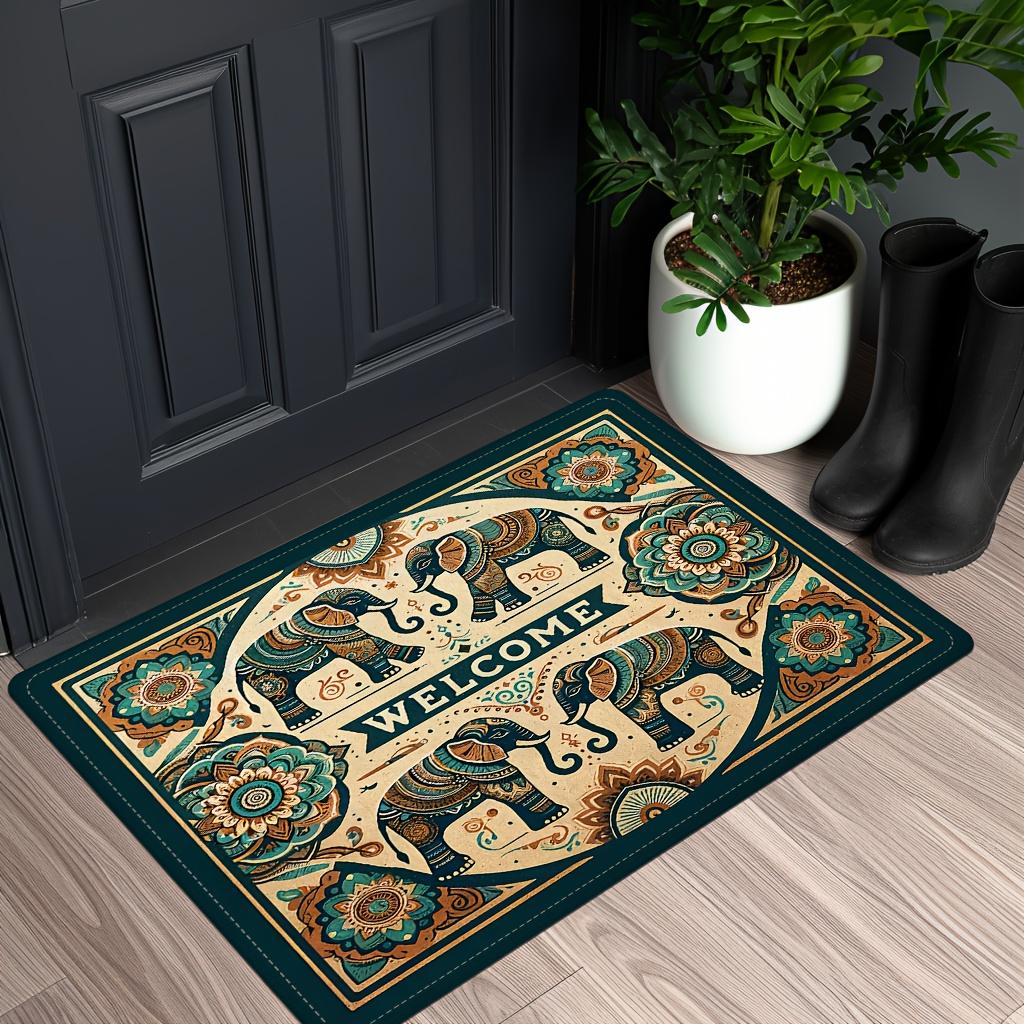 Luxury Flannel Floor Mat Carpet with Thick Sponge Cushion,Non-Slip Washable Vintage Elephant Design for Bedroom Kitchen Bathroom