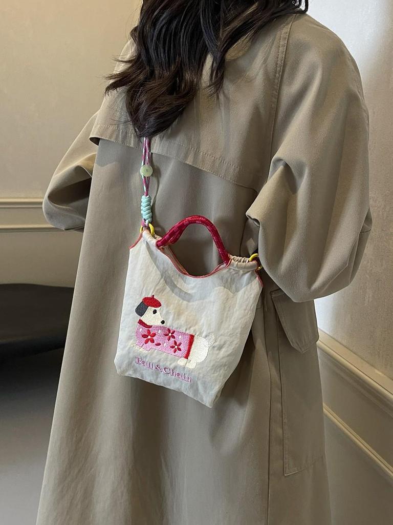 Korean Embroidered Dachshund Cartoon Women's Fashion Handbag - Versatile Color Block Shoulder and Crossbody Bag