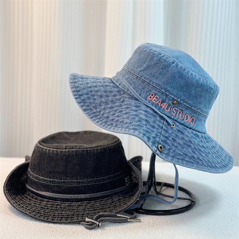 Women Denim Bucket Hat Solid Color Summer Sun Protection Hat Wide Brim Fisherman Cap for Outdoor Travel Beach