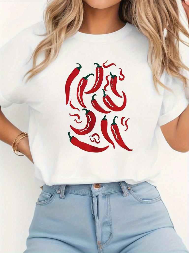 WomenS Casual Crew Neck TShirt with Vibrant Red Chili Pepper Graphic Print Summer Short Sleeved Harajuku Streetwear Tops Tees