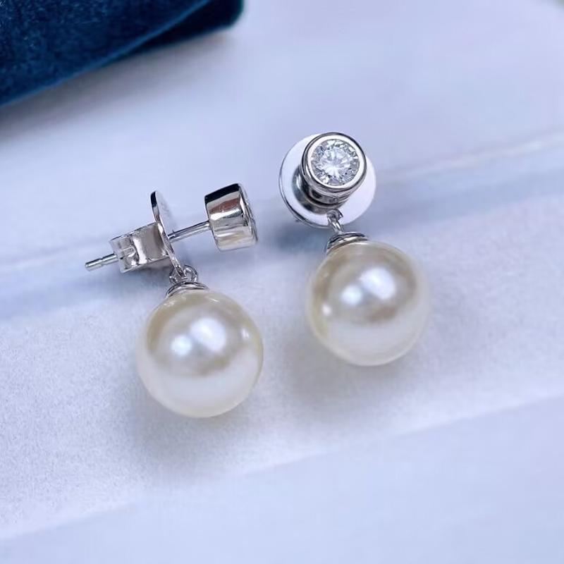 10mm Natural Golden Round Pearls Simple Zircons Stud Earrings DIY 925 Silver Holder Fine Wedding Jewelry for Women
