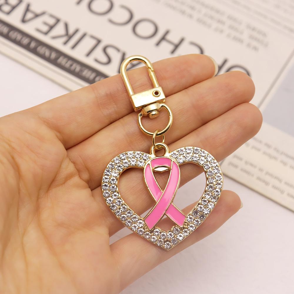 Zinc Alloy Rhinestone Heart Keyring with Pink Ribbon - Korean Style Bag Charm