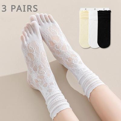Lace Toe Socks Women Summer Hollow Out Mesh Five Finger Socks High Tube Socks Separate Fingers