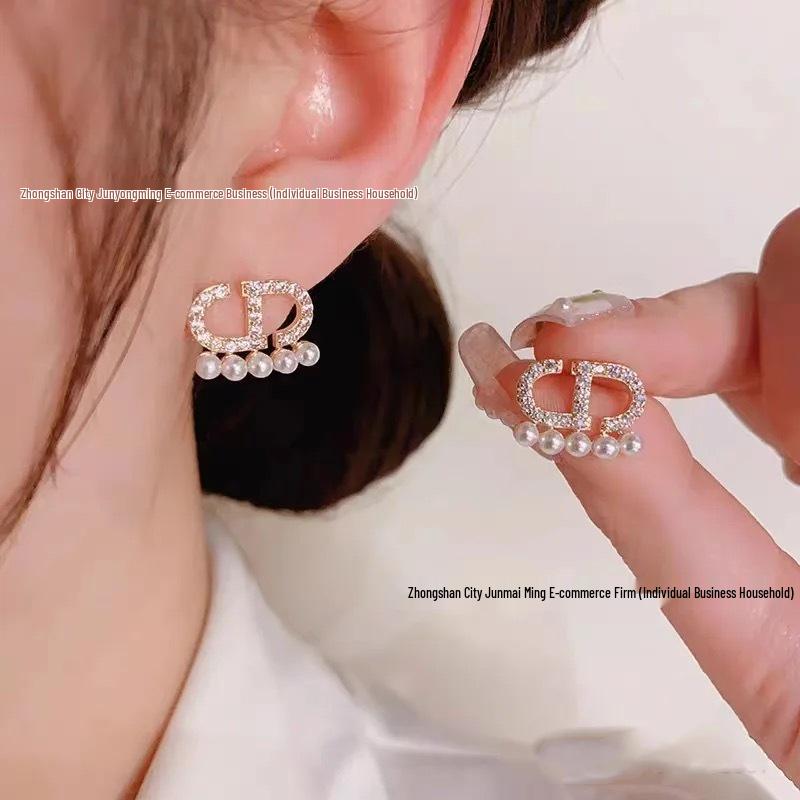 Antique Bronze Pearl Stud Earrings with Inlaid Diamonds