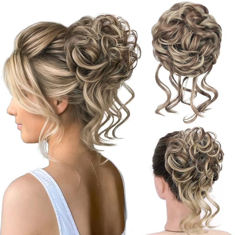 Unordentlicher Dutt Haarteil Wellig Lockig Synthetisch Hochsteckfrisur Chignon Fake Scrunchies Pferdeschwanzverlängerung für Damen Dunkelbraun