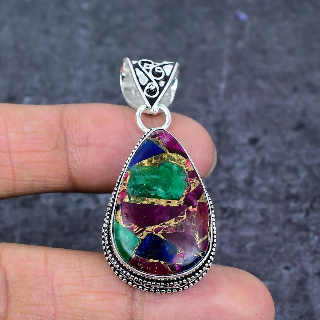 Natural Copper Ruby Zosite 925 Sterling Silver Jewelry Pendant 2.05" ET-4794