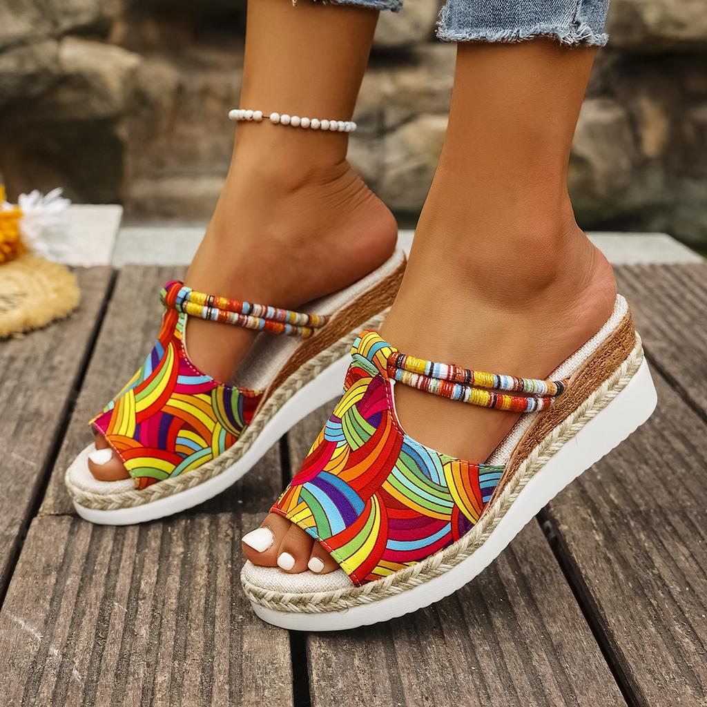 Fashion 2025 Summer Casual Color Blocking Sandals for Women Dressy Comfortable Soft Leather Thick Soled Slope Woven Straw Slippers