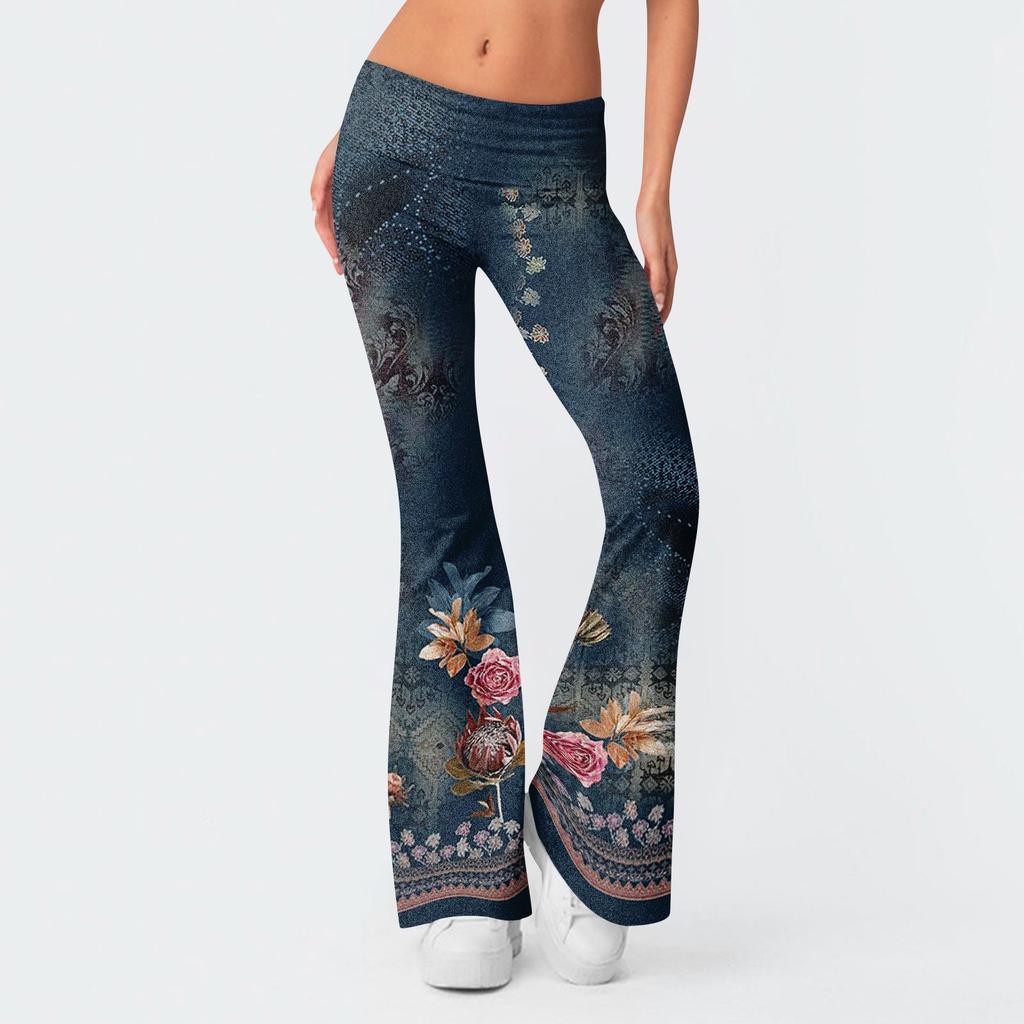 Women's Fashion Print Slim Fit Slim Reverse Waist Low Waist Elastic Waist Flare Pants