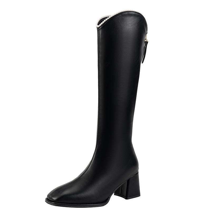 Fashion Women's Fashion Block Heel Tall Boots Winter New Square Toe Rear Zipper Anti-Slip Wear-Resistant Boots