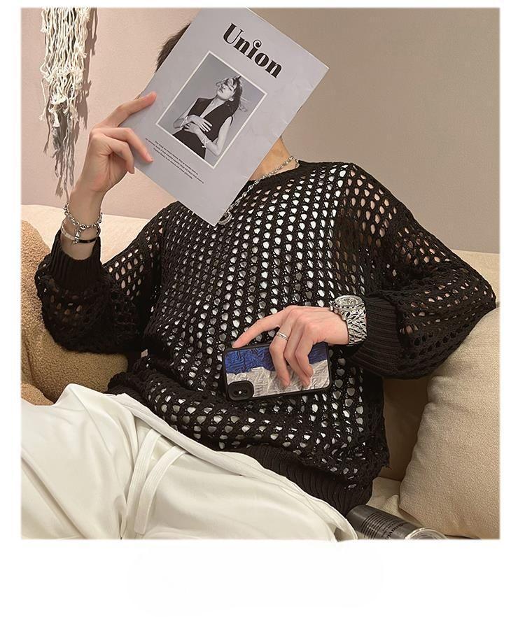 Men's Summer Knitwear: Trendy Long Sleeve Fishnet Cardigan for Sun Protection