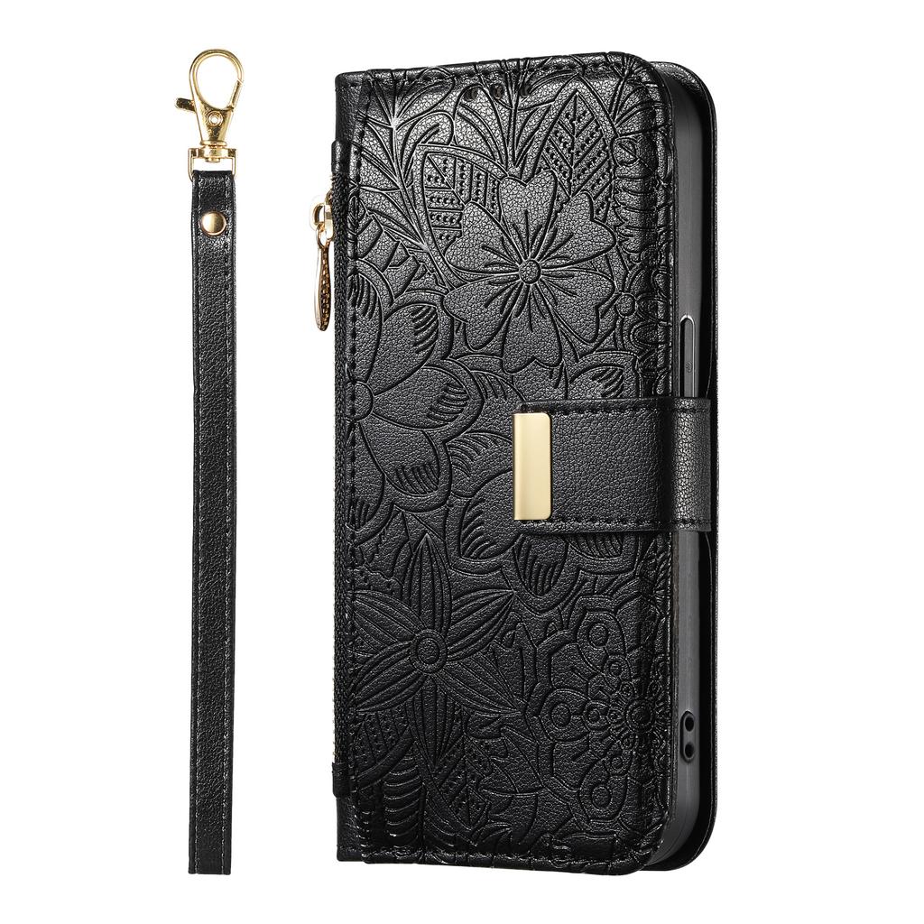 Floral Embossed Leather Wallet Flip Case for OPPO A6 A6X A6T A6S A6C A5 A5X A3 A3X A1 Pro 4G 5G Card Slots and Wrist Strap Cover