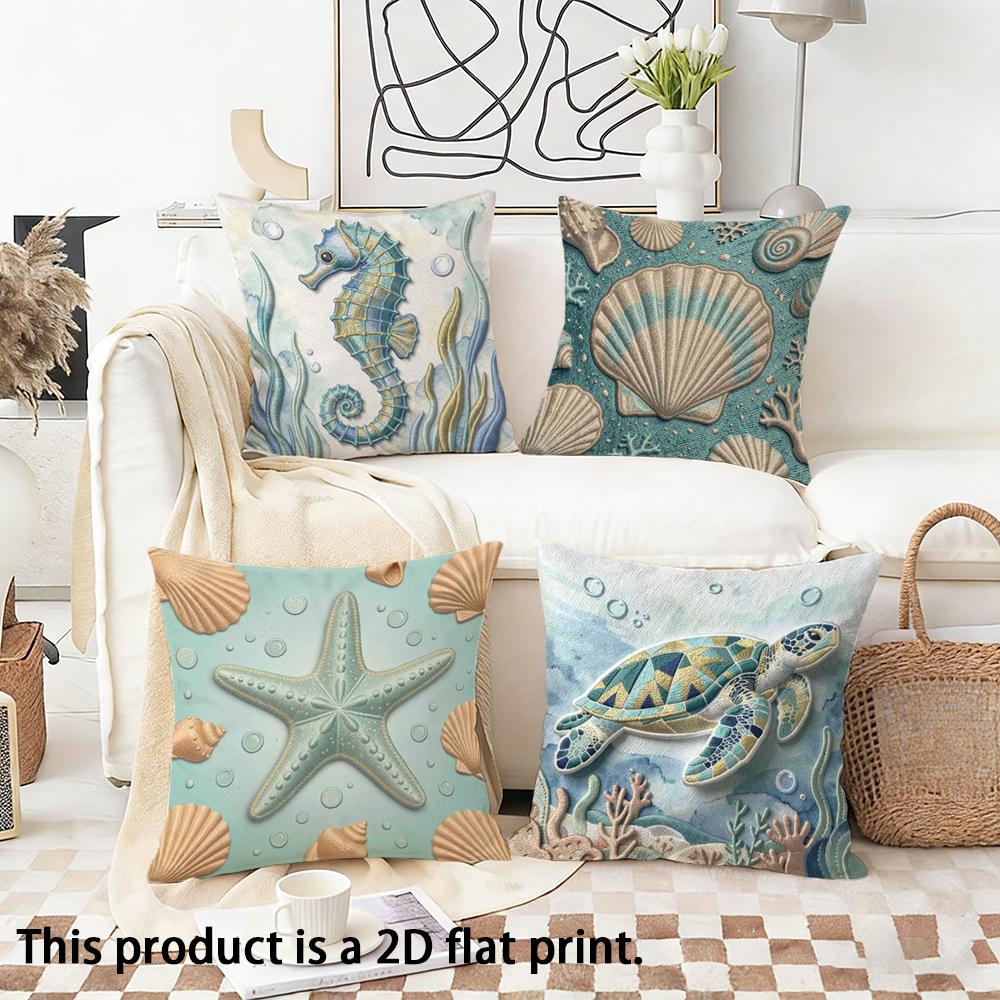 1/4pcs Ocean-themed Decorative Pillow Covers Sofa Bed Cushion Cover Home Bedroom Decoration, 2D Flat Printing