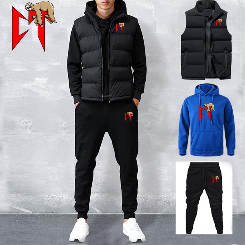 Men's Tracksuit  Vest+Hoodies+Sweatpants Suit Casual Jogger Sportswear 3 Piece Male Fleece Streetwear Sets