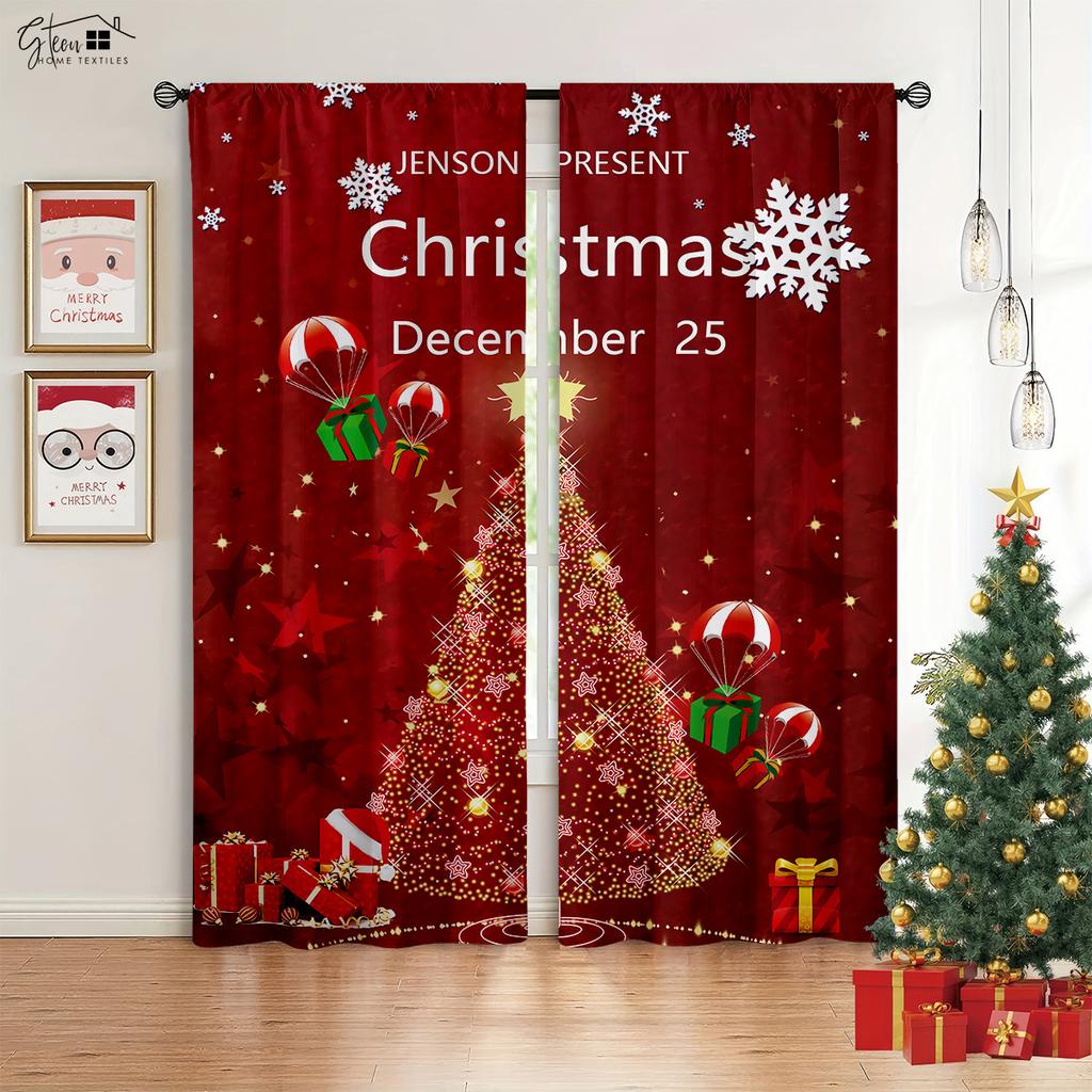 2-Piece Christmas Decor Drapes Fireplace Christmas Tree Cartoon Print Design Bedchamber Dining Room Party Decoration Curtains
