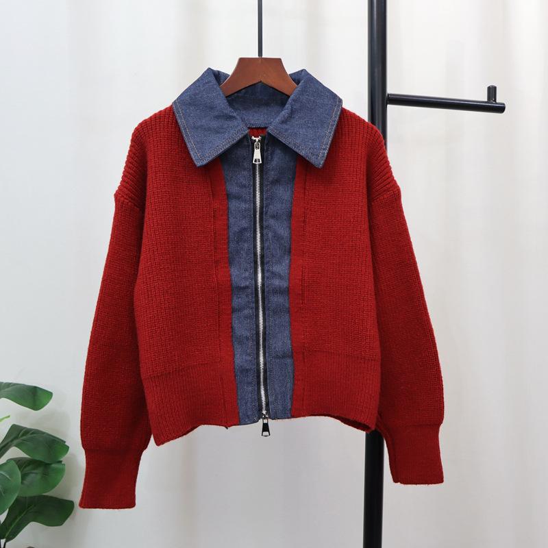 Autumn and Winter New Splicing Denim Double Zipper Knitted Cardigan Short Design Loose Sweater Jacket Women