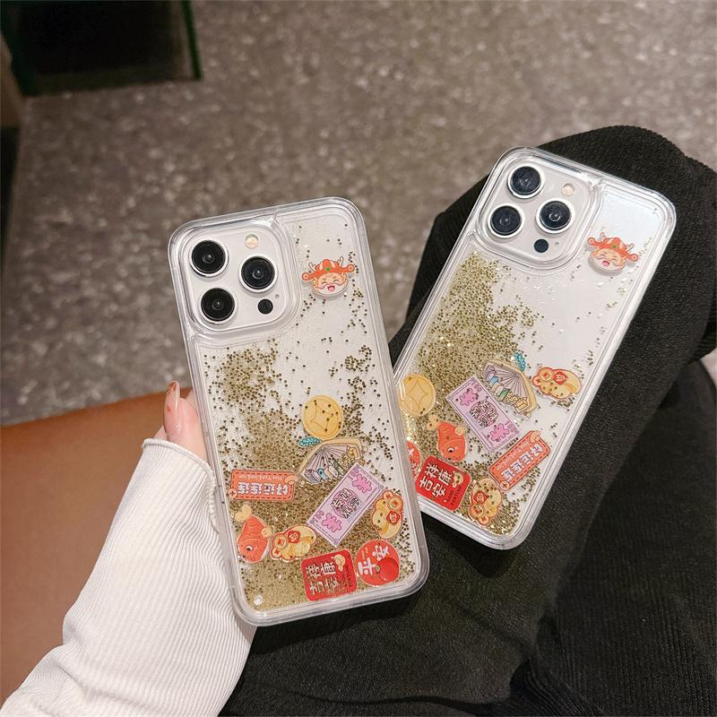 New  Chinese Style For iPhone 14 15 Pro Max 16 Case Dynamic Quicksand Peace Auspiciousness Floating Elements in Phone Shells