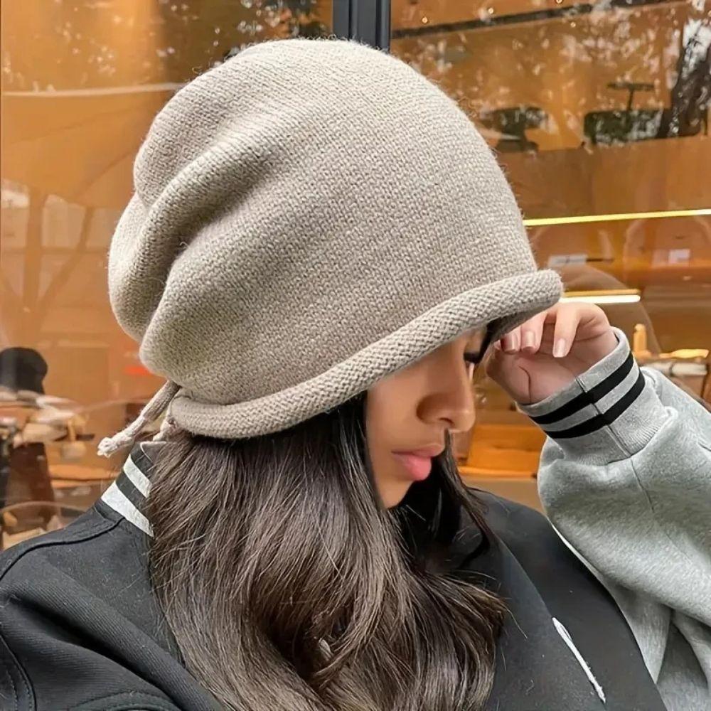 Ear Protection Knitted Baggy Beanie Hat Soft Winter Knitted Cap Solid Color Pullover Hat  Ladies