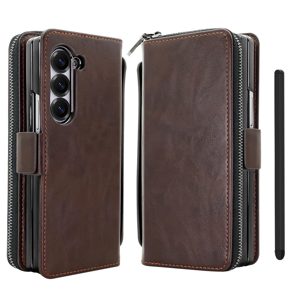 For Samsung Galaxy Z Fold6 5G Case Zipper Pocket Leather Phone Cover with Screen Protector/Stylus Pen